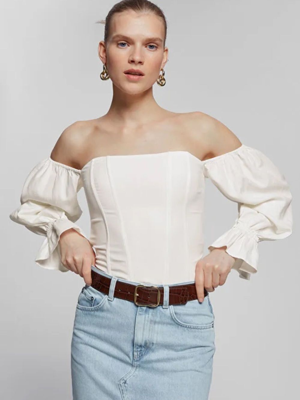 & Other Stories Cream Off-Shoulder Corset Blouse with Puff Sleeves - Size 6
